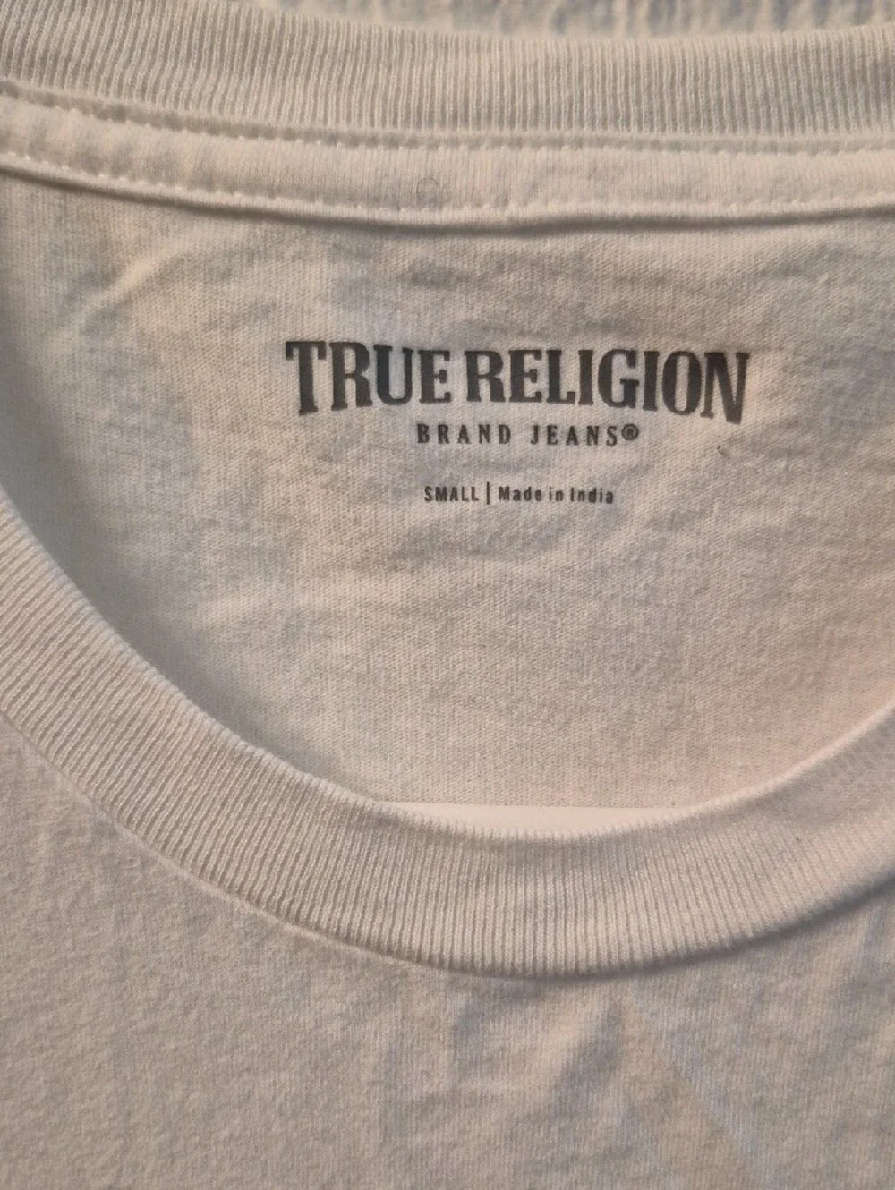 True Religion White T-Shirt with Navy Graphic Buddha and Guitar